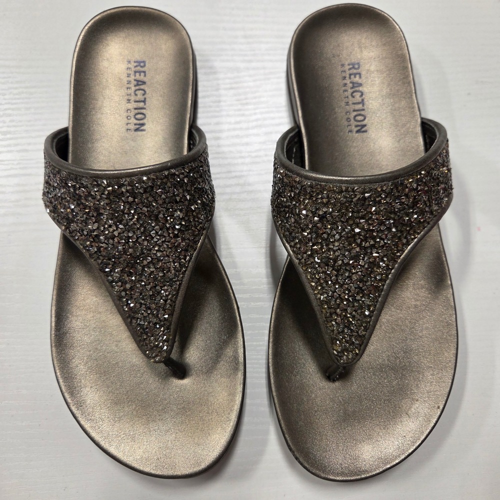 Kenneth Cole Reaction Women 7.5 Slim Slider Pewter Rhinestone Thong Sandals Gray - Picture 5 of 6